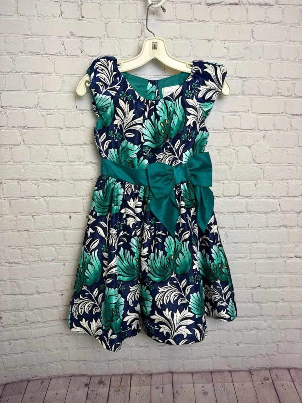 Dressed up by Gymboree blue green floral party dress with bow size 8 girls